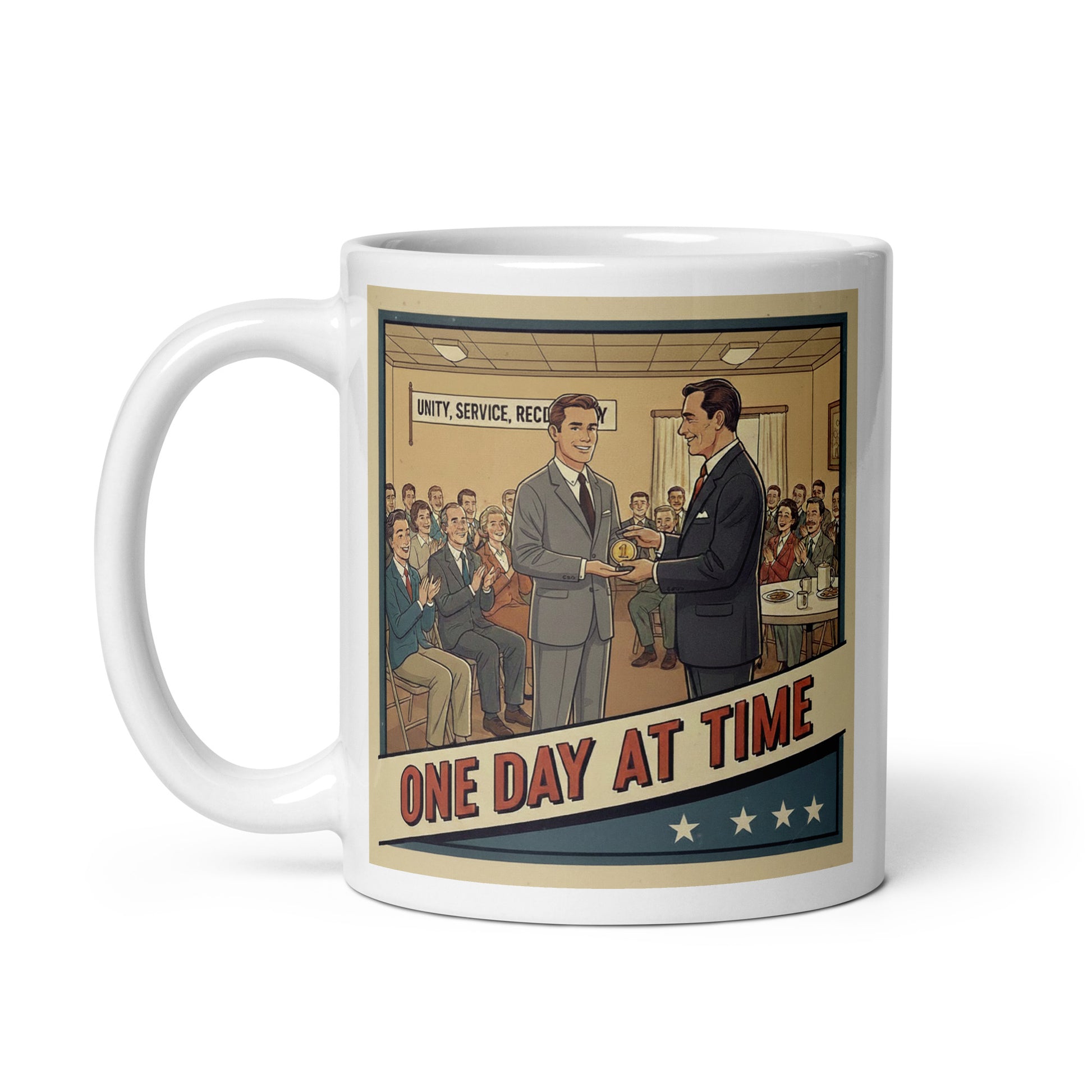 1940s retro one day at a time coffee mug design featuring a vintage recovery meeting with a sober medallion presentation and supportive group celebrating sobriety milestones.