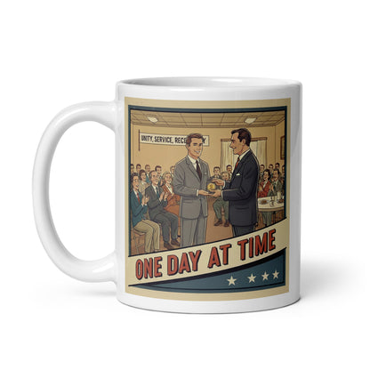 1940s retro one day at a time coffee mug design featuring a vintage recovery meeting with a sober medallion presentation and supportive group celebrating sobriety milestones.