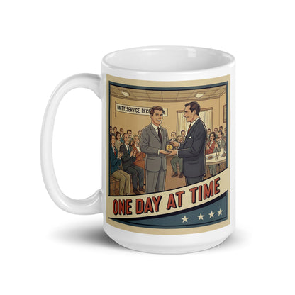 1940s retro one day at a time coffee mug design featuring a vintage recovery meeting with a sobriety medallion presentation and supportive group celebrating sobriety milestones.