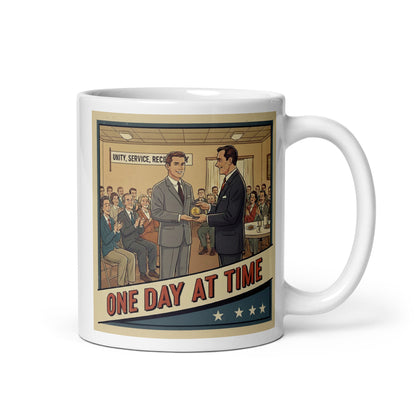 A vintage 1940s retro one day at a time coffee mug design featuring a retro recovery meeting with a sobriety medallion presentation and supportive group celebrating sobriety milestones.