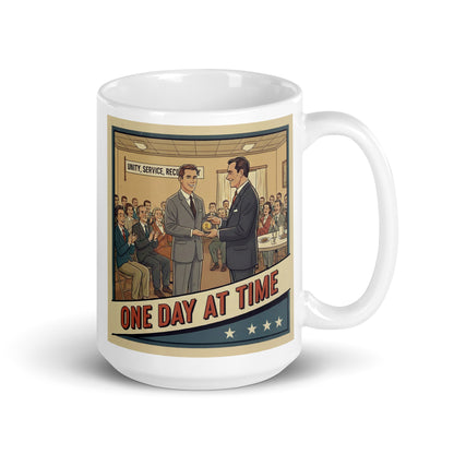 Heart warming 1940s retro one day at a time coffee mug design featuring a vintage recovery meeting with a sobriety medallion presentation and supportive group celebrating sobriety milestones.