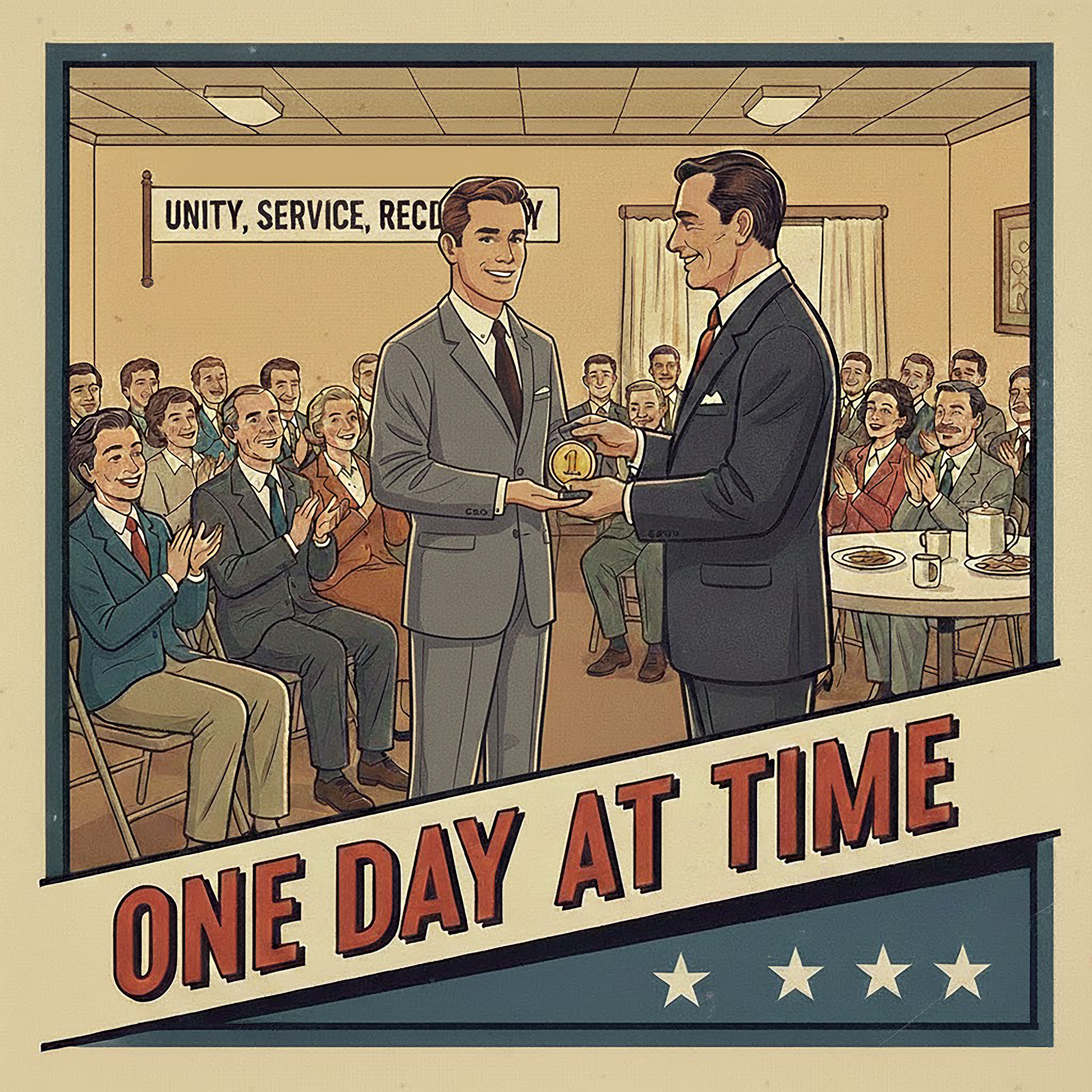 Thumbnail of a 1940s retro one day at a time coffee mug design featuring a vintage recovery meeting with a sobriety medallion presentation and supportive group celebrating sobriety milestones.
