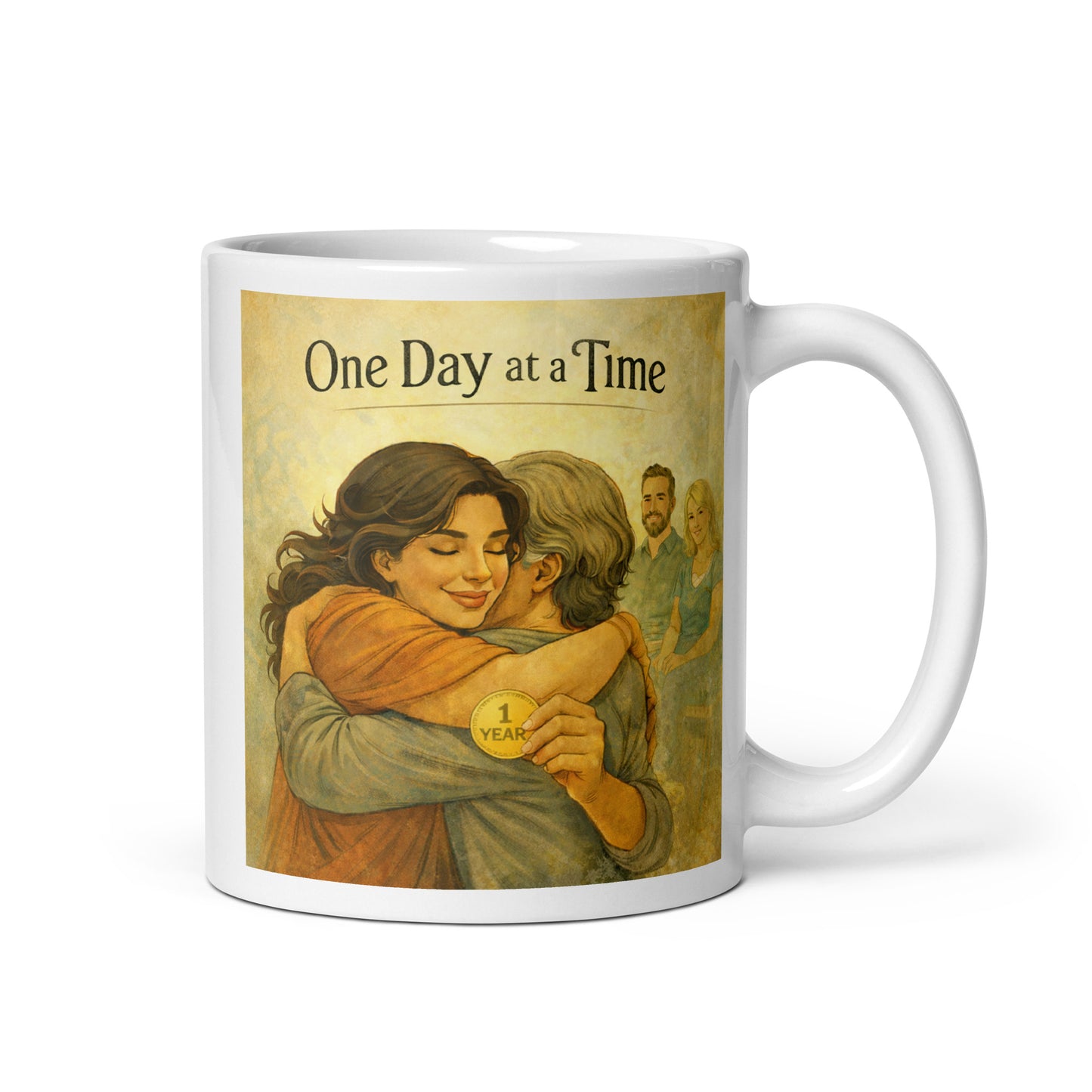 Vintage style one day at a time sobriety coffee mug featuring two people embracing and holding a one year recovery medallion in warm retro artwork.
