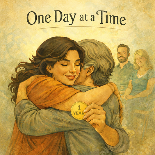 Thumbnail of a Vintage style one day at a time sobriety coffee mug featuring two people embracing and holding a one year recovery medallion in warm retro artwork.