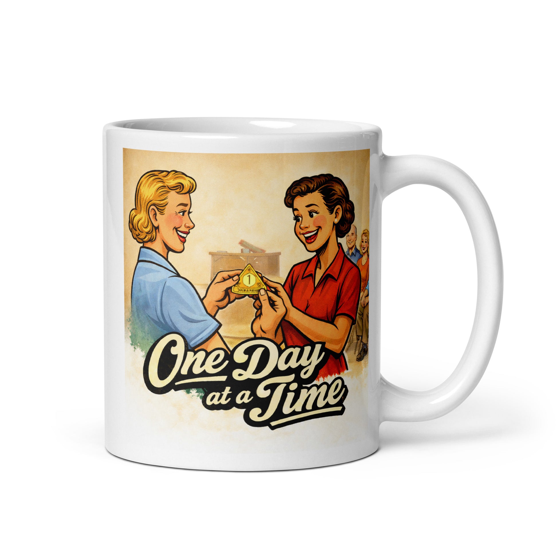 1950s retro one day at a time sobriety coffee mug design featuring two smiling women exchanging a recovery milestone token with vintage lettering.