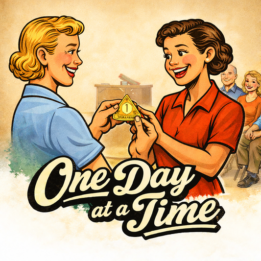 A thumbnail of a 1950s retro one day at a time sobriety coffee mug design featuring two smiling women exchanging a recovery milestone token with vintage lettering.