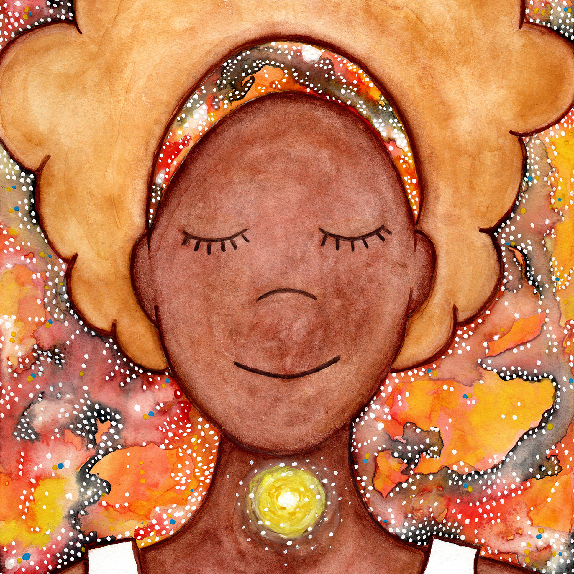 Woman's throat chakra energy glowing.  This is a thumbnail of the original hand-painted watercolor by Brazilian artist Thaís Suizo for the LET'S MEDITATE SERIES of mediation guides.
 