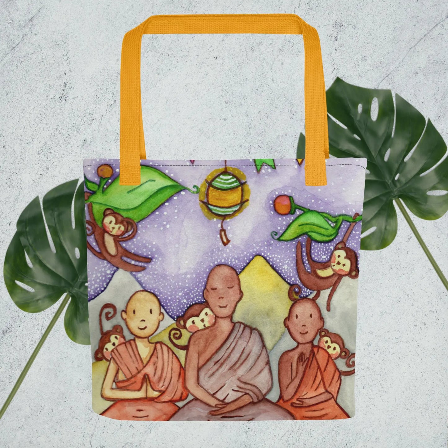All-Over Print Tote Bag (young monks learning to calm the monkey mind)