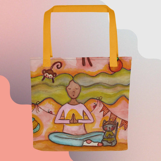 All-Over Print Tote Bag (woman and her cat calming the monkey mind through meditation)