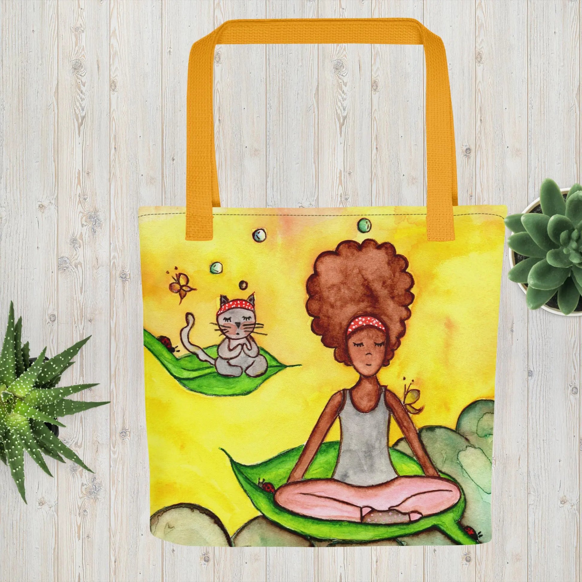 All-Over Print Tote Bag (cat and woman meditating)