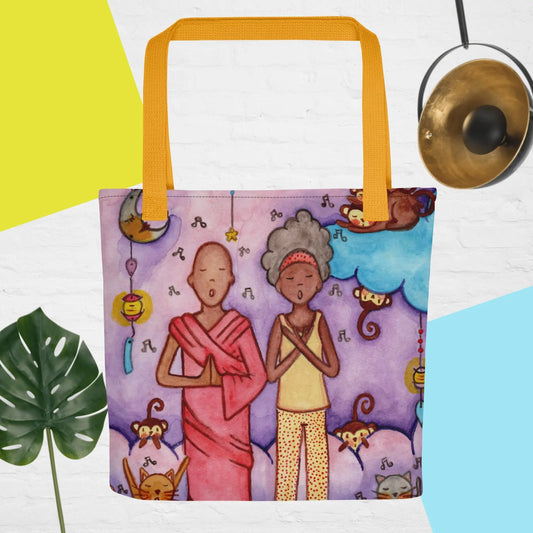 All-Over Print Tote Bag (monk, woman and cats chanting)