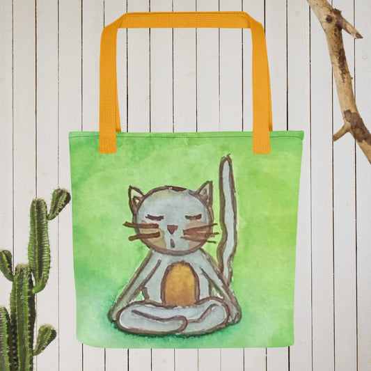 All-Over Print Tote Bag (cat meditating - green background)
