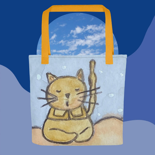 All-Over Print Tote Bag (cat meditating on a cloud - blue background)