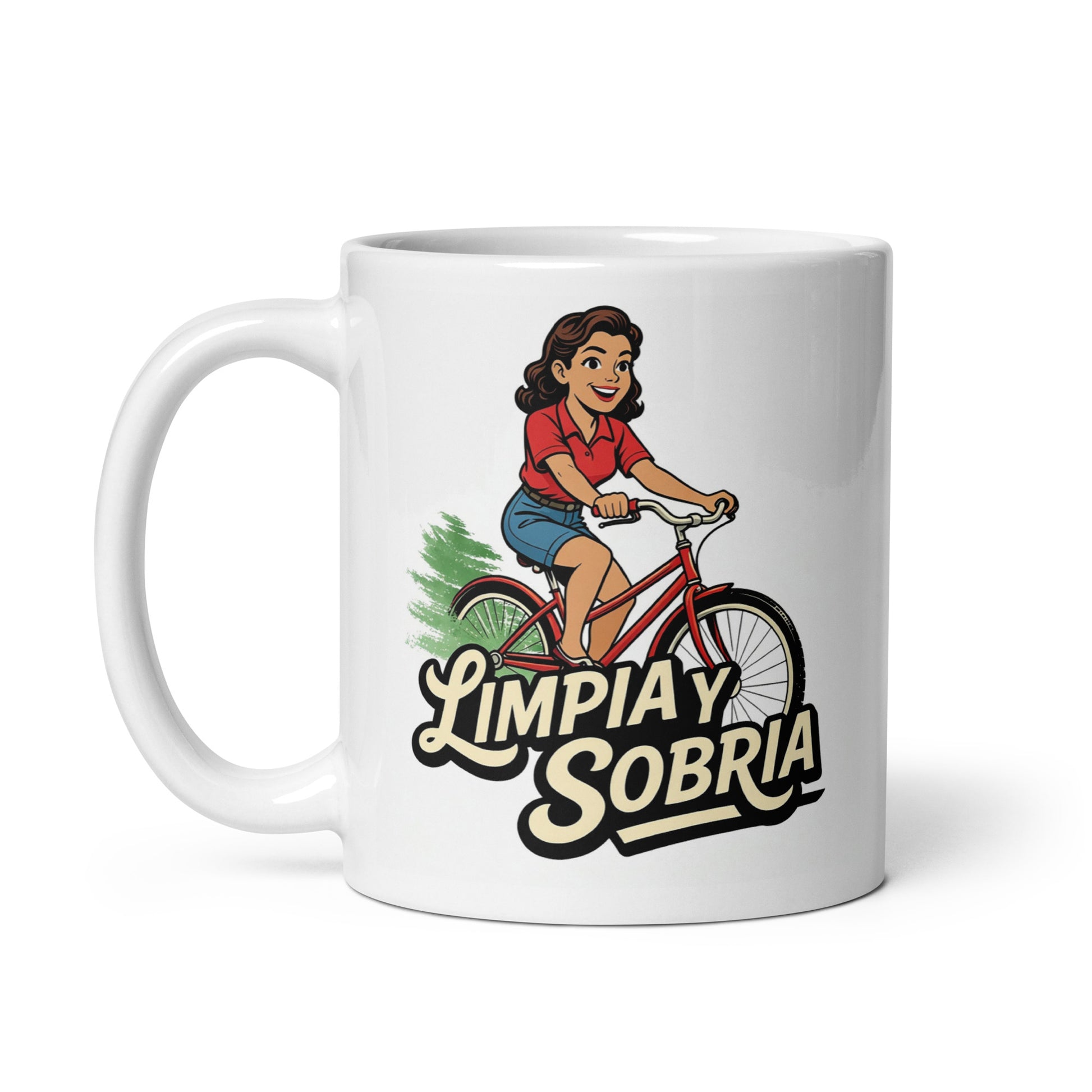Colorido y animado Diseño retro en español para taza de café con mujer sonriente andando en bicicleta y texto “Limpia y Sobria”, inspirado en la recuperación, libertad y vida saludable sin alcohol.
