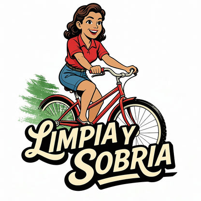 Miniatura de una Diseño retro en español para taza de café con mujer sonriente andando en bicicleta y texto “Limpia y Sobria”, inspirado en la recuperación, libertad y vida saludable sin alcohol.