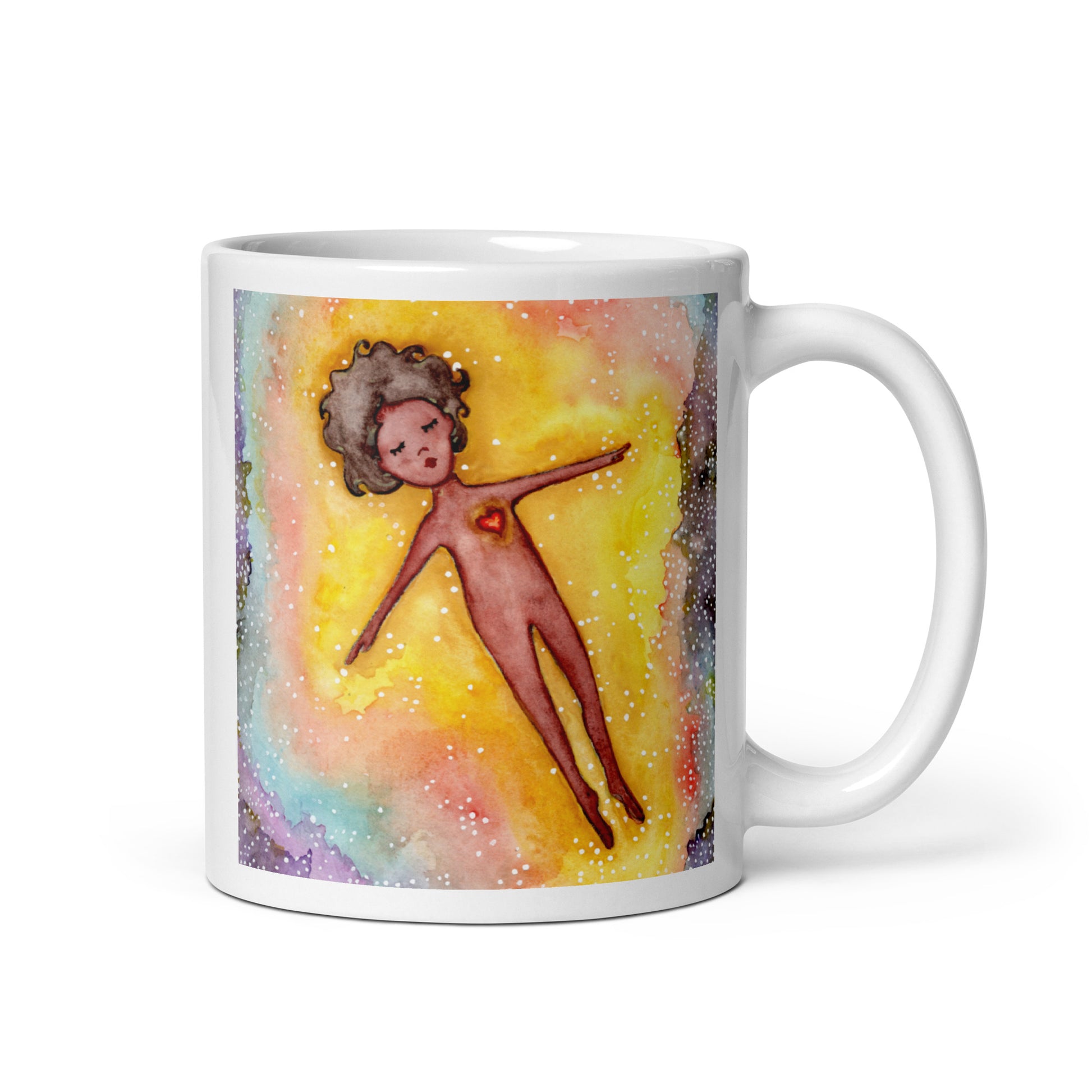 Floating astral body surrounded by glowing energy, spiritual meditation artwork representing consciousness, soul awareness and out-of-body experience, printed on a mindfulness coffee mug. This illustration is on both sides of the mug. In this image the handle of the mug is on the right side.