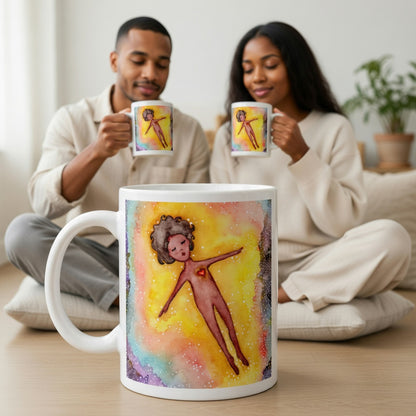 Floating astral body surrounded by glowing energy, spiritual meditation artwork representing consciousness, soul awareness and out-of-body experience, printed on a mindfulness coffee mug. There is a large display mug in the bottom center of the image. In the background a couple is sitting and drinking from their meditation mugs.