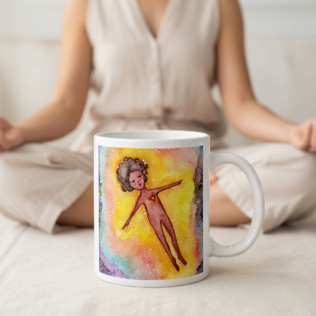 Floating astral body surrounded by glowing energy, spiritual meditation artwork representing consciousness, soul awareness and out-of-body experience, printed on a mindfulness coffee mug. In the background a woman is meditating.