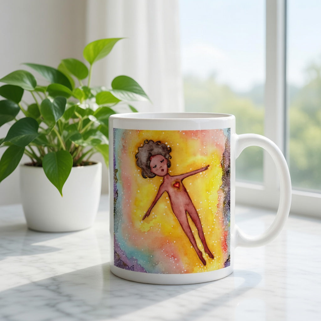 Floating astral body surrounded by glowing energy, spiritual meditation artwork representing consciousness, soul awareness and out-of-body experience, printed on a mindfulness coffee mug. There is a window, curtains and a green potted plant behind the mug.