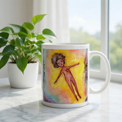 Floating astral body surrounded by glowing energy, spiritual meditation artwork representing consciousness, soul awareness and out-of-body experience, printed on a mindfulness coffee mug. There is a window, curtains and a green potted plant behind the mug.
