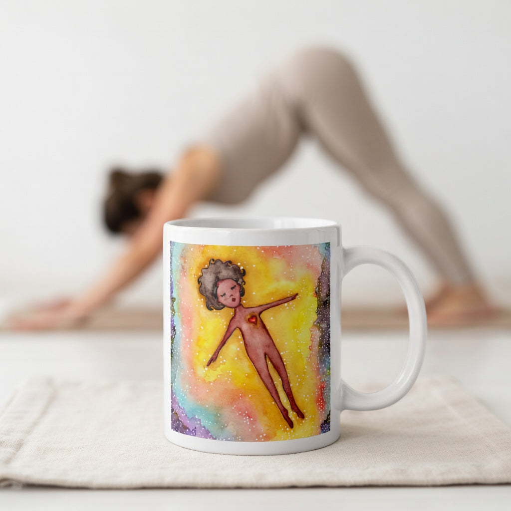 Floating astral body surrounded by glowing energy, spiritual meditation artwork representing consciousness, soul awareness and out-of-body experience, printed on a mindfulness coffee mug.  The mug is in front of a woman doing the yoga posture downward facing dog.