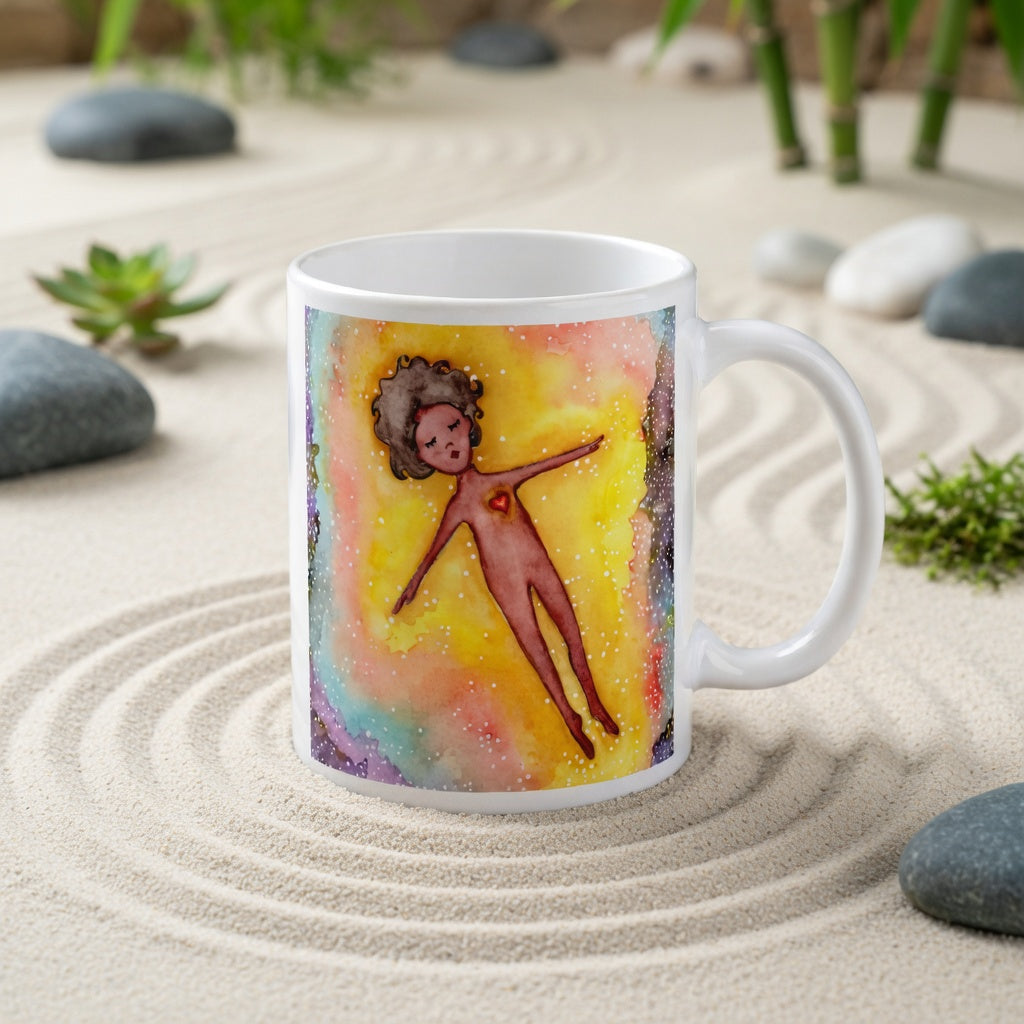 Floating astral body surrounded by glowing energy, spiritual meditation artwork representing consciousness, soul awareness and out-of-body experience, printed on a mindfulness coffee mug.  The mug is in a beautifully raked zen garden with bushes and plants behind it.