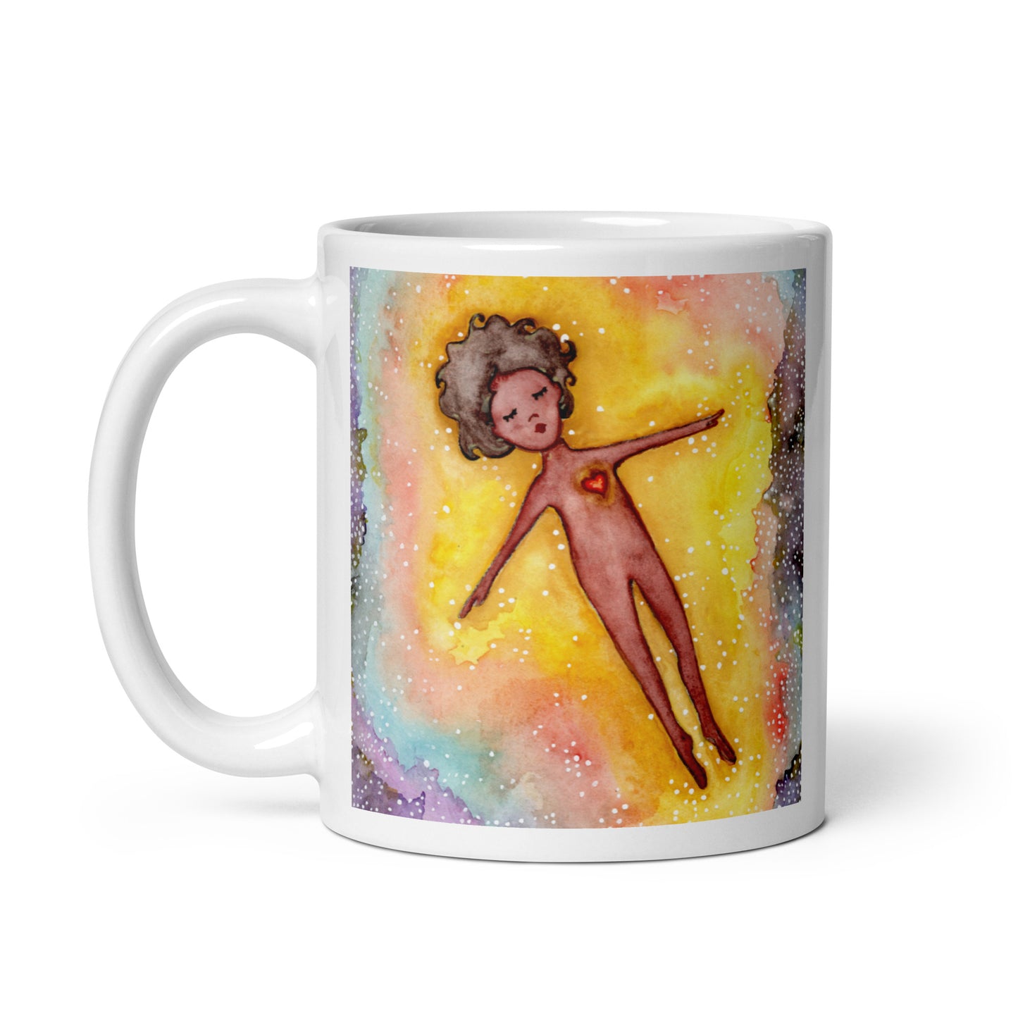 Floating astral body surrounded by glowing energy, spiritual meditation artwork representing consciousness, soul awareness and out-of-body experience, printed on a mindfulness coffee mug. This illustration is on both sides of the mug. In this image the handle of the mug is on the left side.