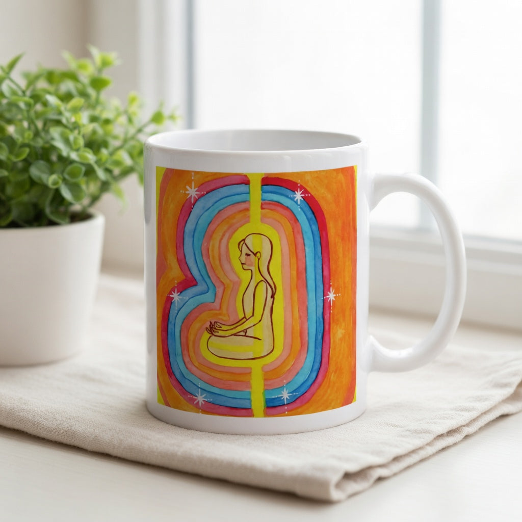 Woman surrounded by radiant multi-colored aura, representing energy, emotion and spiritual awareness, vibrant mindfulness artwork on a coffee mug.  The mug is sitting on a white cloth. There is a window, curtains and a green potted plant behind the mug.