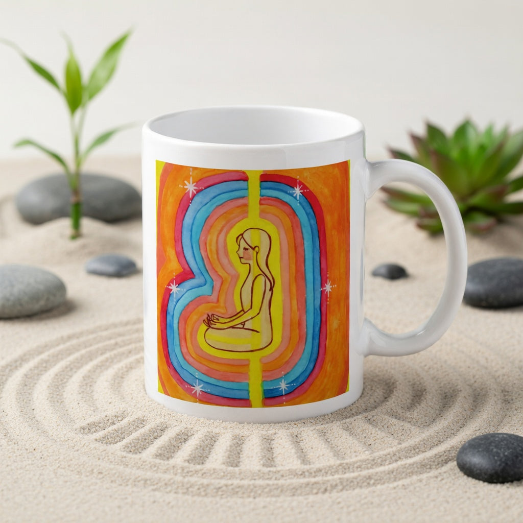 Woman surrounded by radiant multi-colored aura, representing energy, emotion and spiritual awareness, vibrant mindfulness artwork on a coffee mug.   The mug is in a beautifully raked zen garden with bushes and plants behind it.