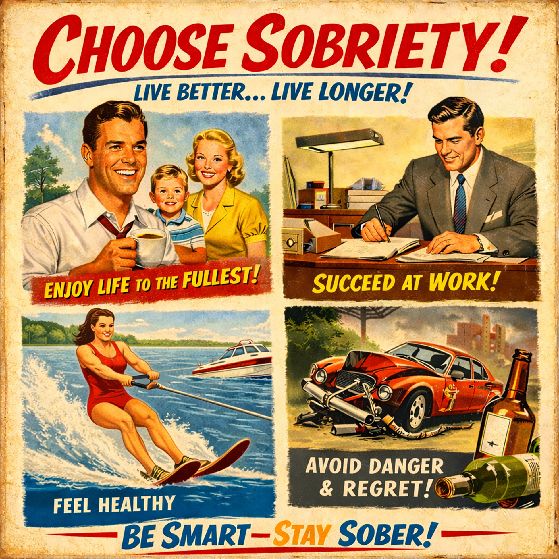 Vintage retro sobriety coffee mug design featuring inspirational recovery messages about healthy living, success, and staying sober in a classic mid-century advertisement style thumbnail.
