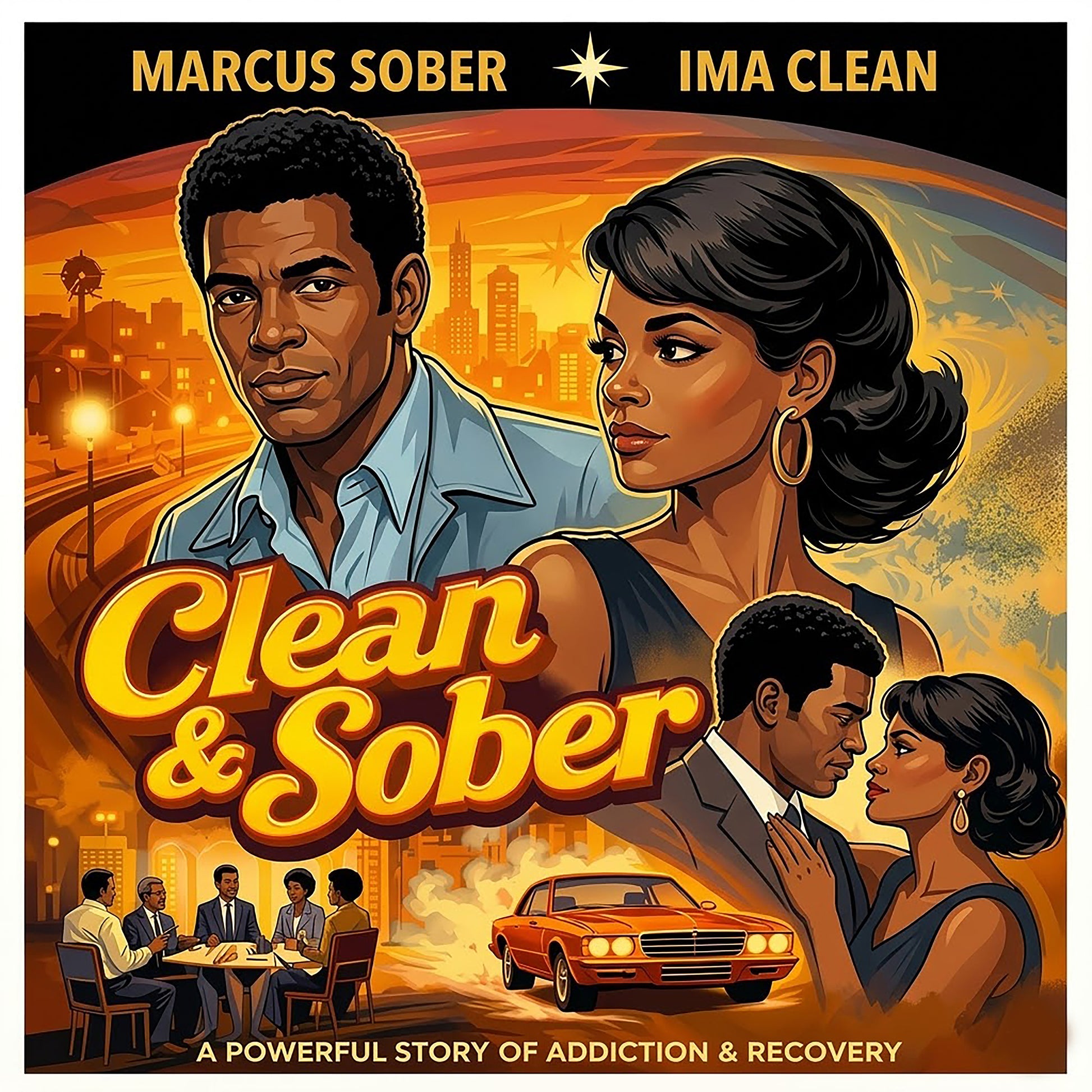 Vintage 1970s-style movie poster illustration featuring a couple in a dramatic city setting beneath the words “Clean & Sober,” with retro cars, warm cinematic colors, and recovery-themed imagery.