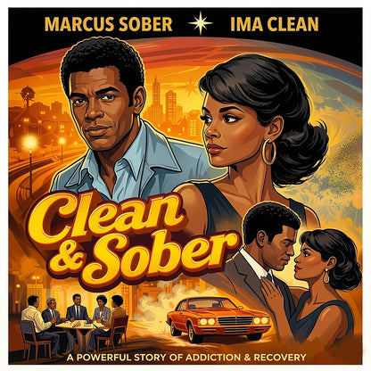 Vintage 1970s-style movie poster illustration featuring a couple in a dramatic city setting beneath the words “Clean & Sober,” with retro cars, warm cinematic colors, and recovery-themed imagery.
