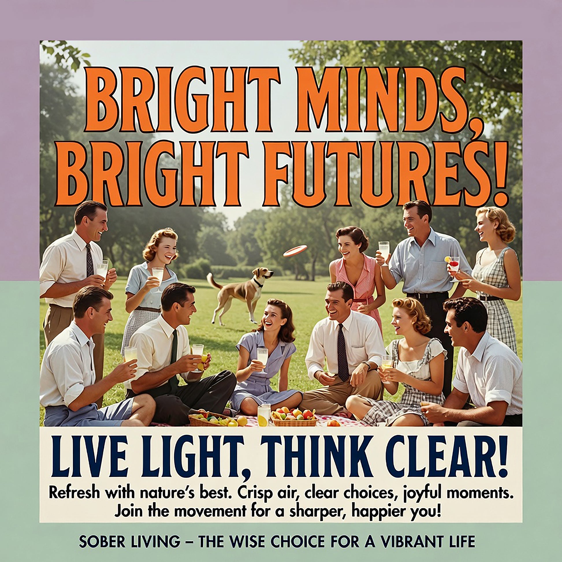 Vintage-style sobriety coffee mug design featuring happy retro picnic scenes, inspirational sober living slogans, and positive recovery messaging about clarity and bright futures.