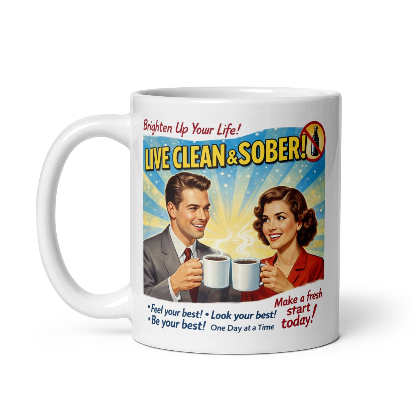 Mug with retro design featuring a man and woman holding coffee cups, text 'Live Clean & Sober!' on a white background.