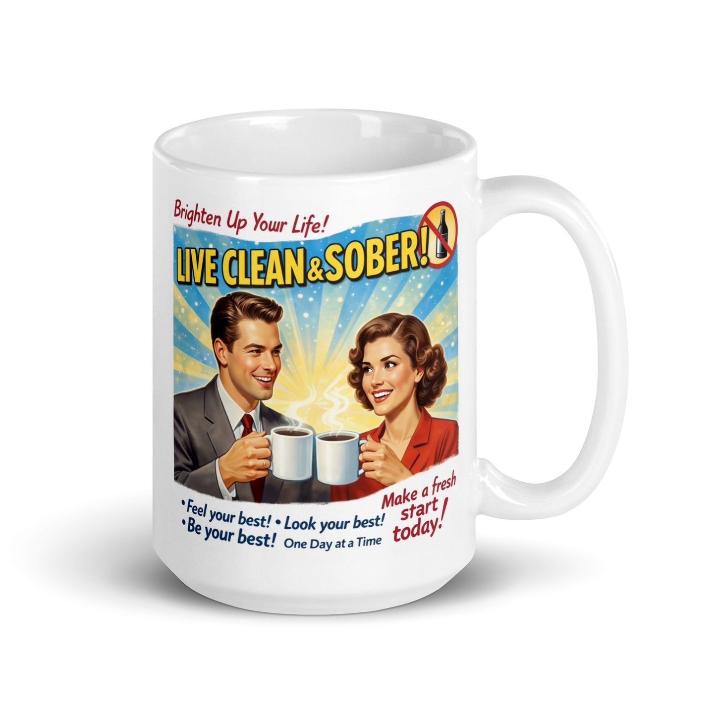 Mug with retro-style design featuring a man and woman holding coffee cups, with text 'Live Clean & Sober' on a white background.