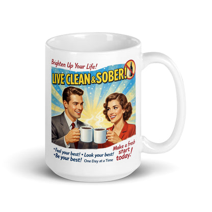 Mug with retro-style design featuring a man and woman holding coffee cups, with text 'Live Clean & Sober' on a white background.