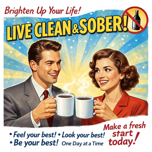 Husband and wife are toasting coffee mugs celebrating their sobriety. The caption is LIVE CLEAN & SOBER. Make a fresh start today!