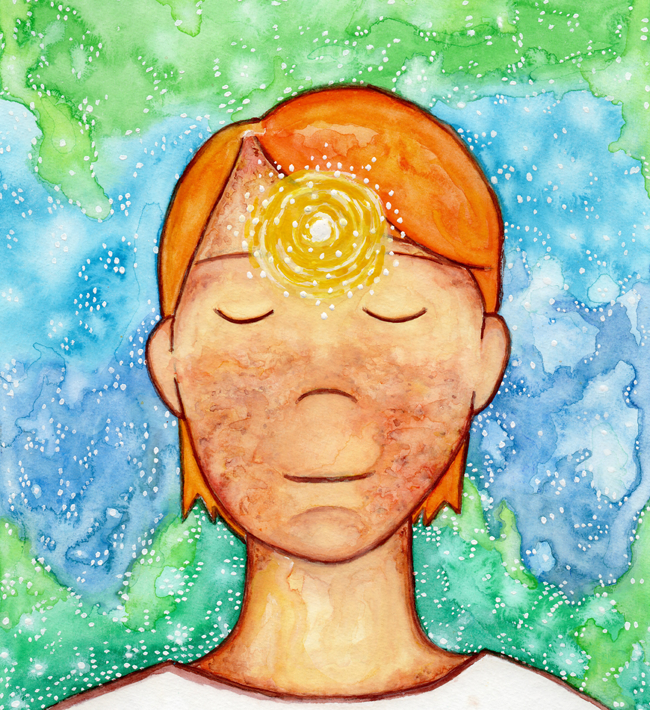 Man meditating with glowing third eye chakra on forehead, symbolizing intuition, awareness and inner vision, spiritual chakra artwork on a meditation themed coffee mug.  This is a print of the original illustration by Brazilian artist Thaís Suizo.