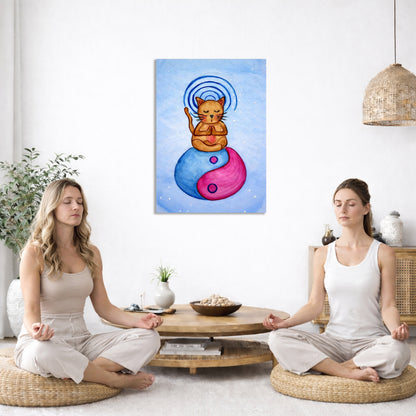 Brown cat meditating on a yin yang symbol with its crown chakra vibration. This is a print of the original hand-painted watercolor by Brazilian artist Thaís Suizo for the LET'S MEDITATE SERIES of mediation guides.  The poster is in the center of the living room wall. Two women are sitting on a giant pillow having a coffee. Beside them is a small tray with a pot of coffee and incense. To the left is a green floor plant and a hanging green plant. To the right of them is a green floor plant.