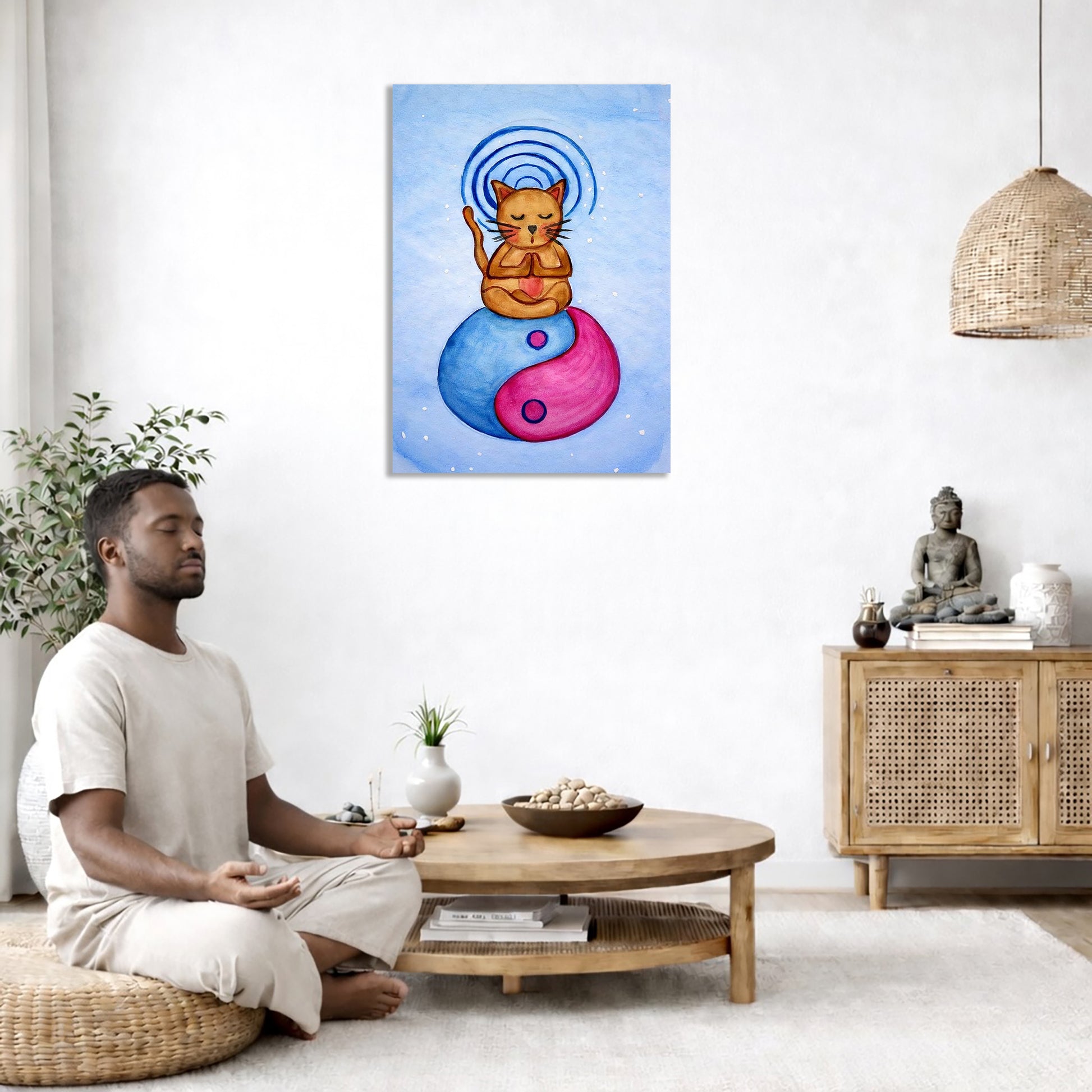 Man meditating in a modern living room with a colorful painting of a cat on a yin-yang symbol.