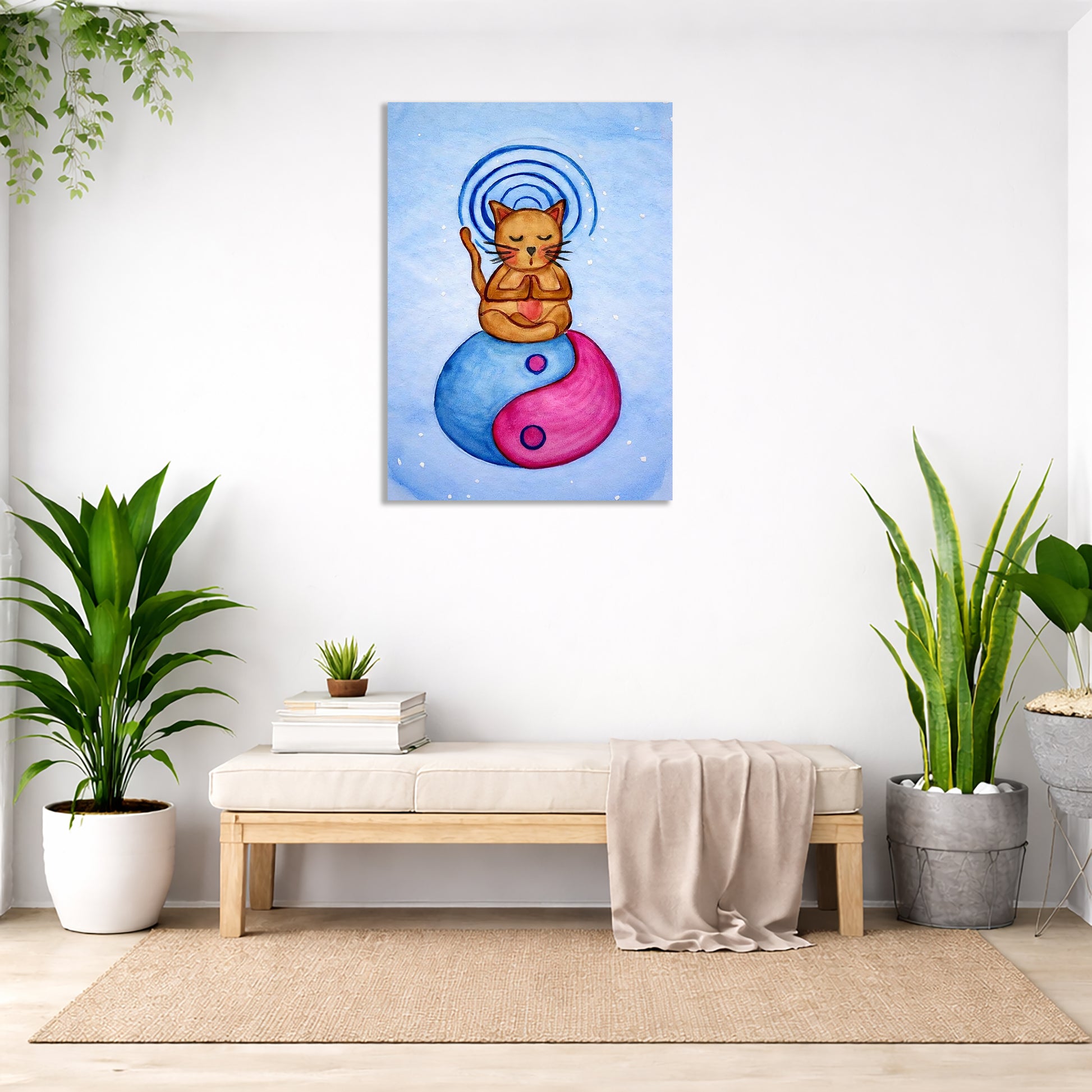 Room interior with a painting of a cat on a yin yang symbol, plants, and a bench.