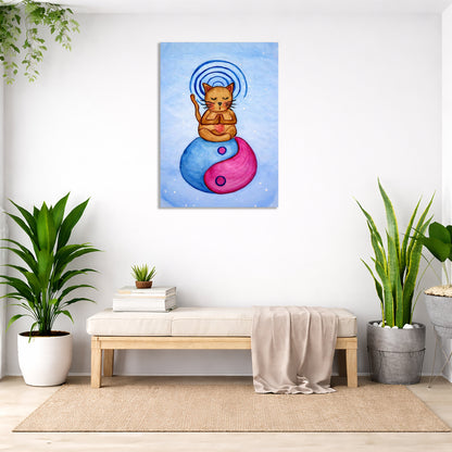 Room interior with a painting of a cat on a yin yang symbol, plants, and a bench.