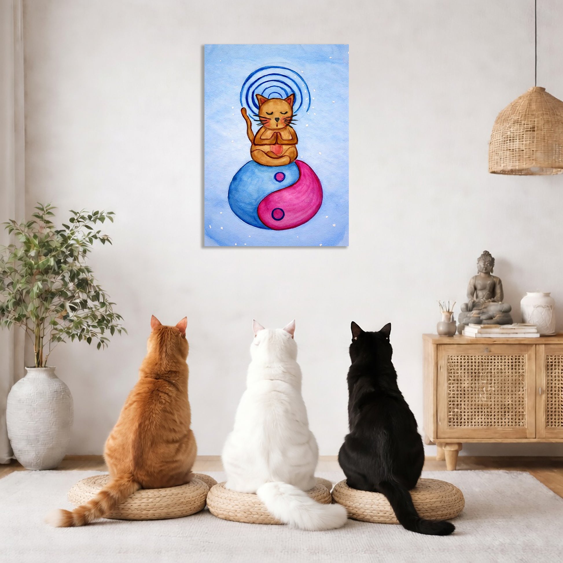 Three cats sitting on cushions in a room with a yin yang symbol painting on the wall.