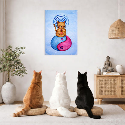 Three cats sitting on cushions in a room with a yin yang symbol painting on the wall.