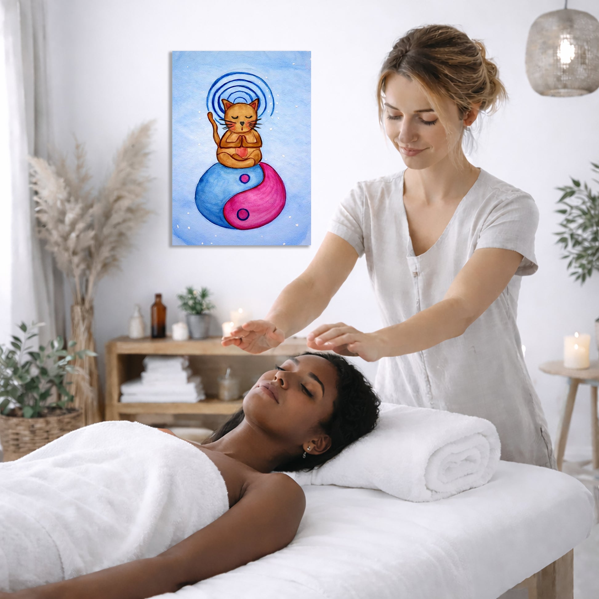 Woman receiving reiki in a spa setting with a painting on the wall.