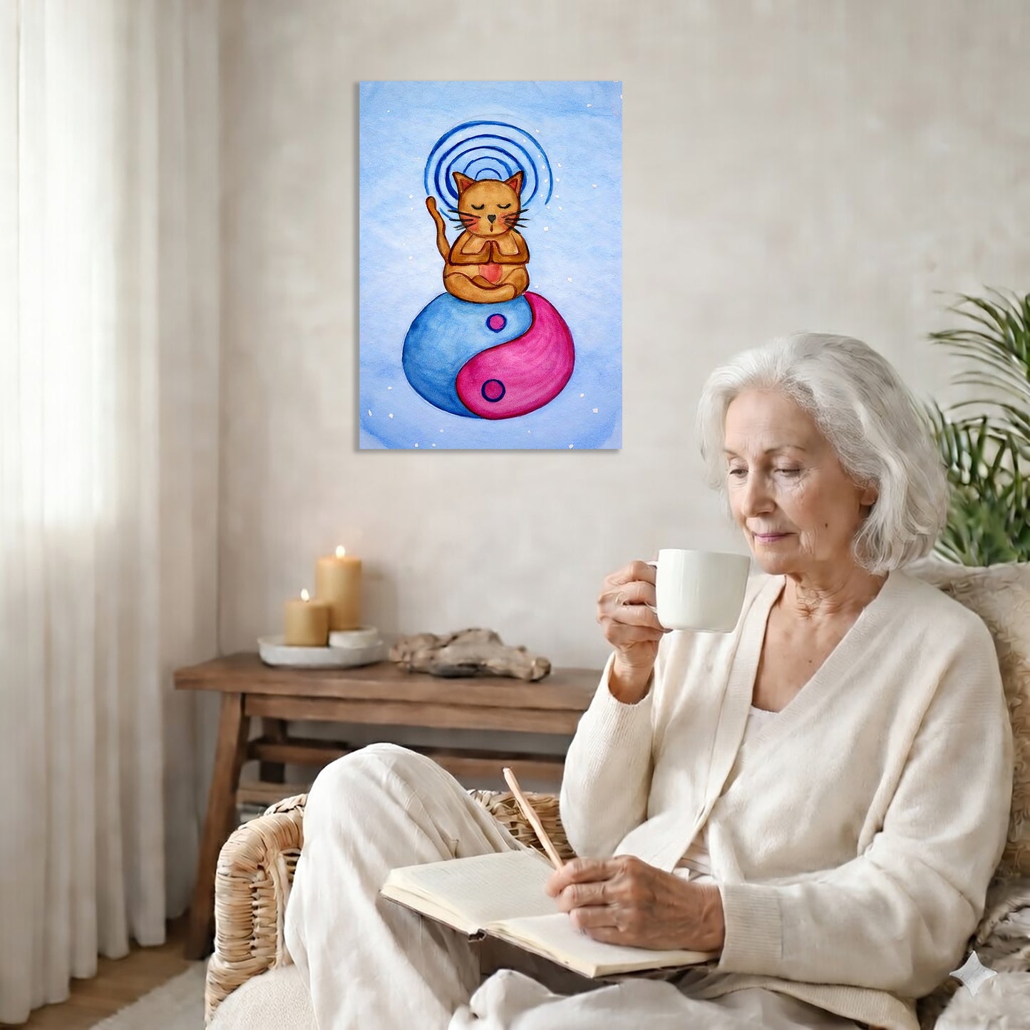 Woman sitting in a cozy room with a painting of a cat on a yin-yang symbol above her.