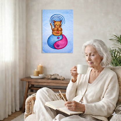 Woman sitting in a cozy room with a painting of a cat on a yin-yang symbol above her.