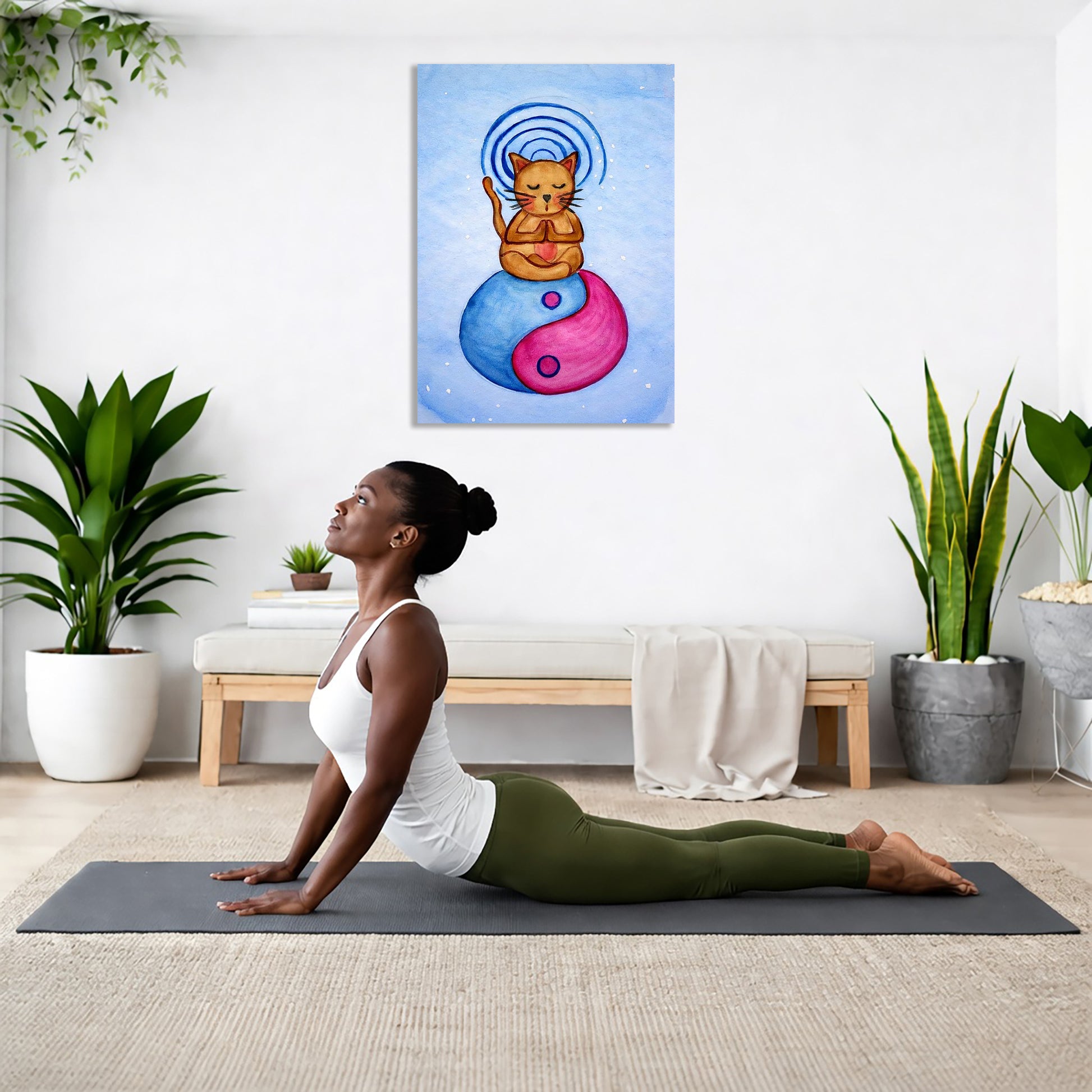 Woman practicing yoga in a room with plants and a colorful painting on the wall.
