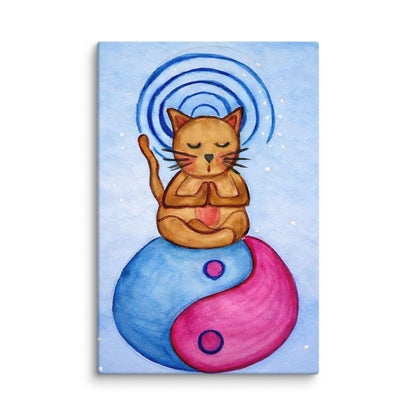 Illustration of a cat sitting on a yin yang symbol with a blue and pink design.