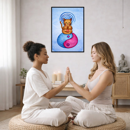 Brown cat meditating on a yin yang symbol with its crown chakra glowing framed poster.  This is a print of the original hand-painted watercolor by Brazilian artist Thaís Suizo. The poster is in the center of the living room wall. Two women are sitting on wicker pillows face to face with their hands pressing against one another, transferring healing energy. Behind them is a coffee table with two burning candles, some books and a potted plant. To the left is a cabinet with a Buddha statue on it.